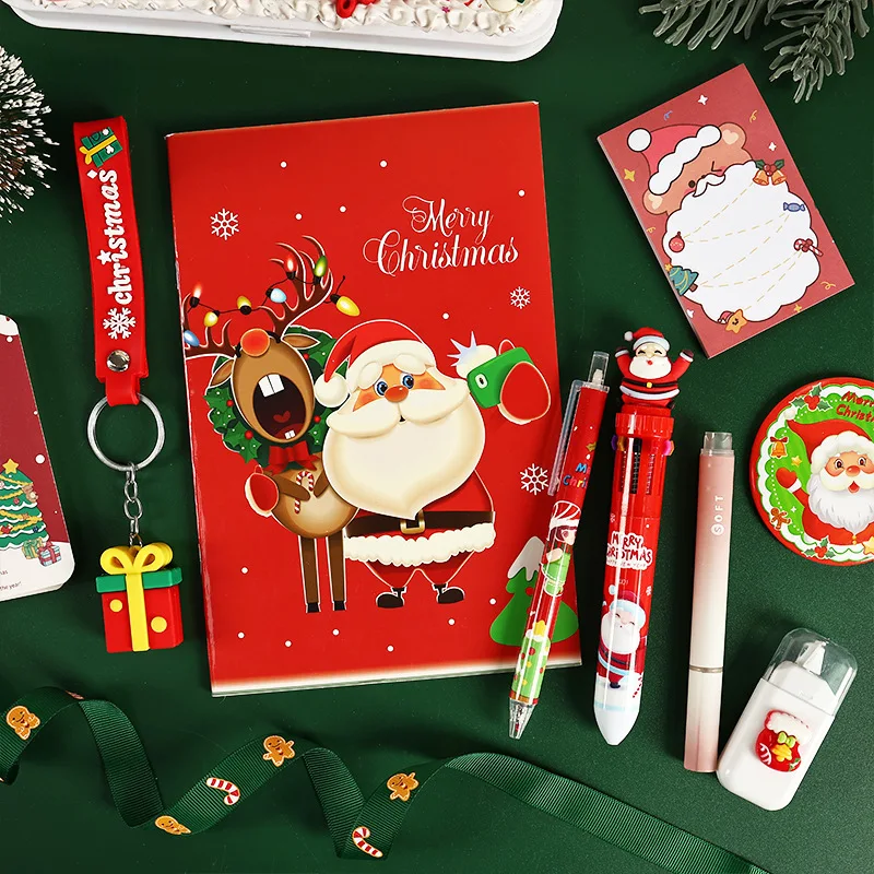 Christmas Stationery Set Pencil Eraser Memo Pads Notebook Gel Pen Keychain Cartoon Children Prize Christmas Gifts School Supplie