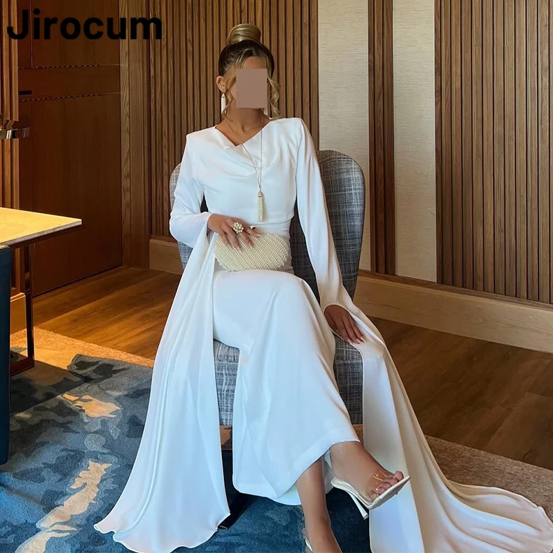 Jirocum White Simple Evening Gown for Women Long Sleeve O Neck Mermaid Party Prom Dress Ankle Length Formal Occasion Dresses