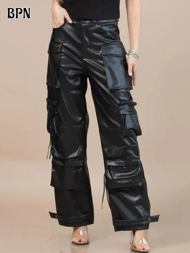 

BPN Streetwear Patchwork Pockets Solid Cargo Pants For Women High Waist Chic Spliced Leather Trousers Female Fashion Clothing