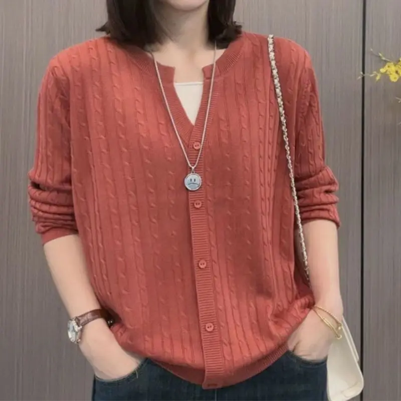 

Ladies V-Ne Loose Knitted Sweater Autumn Winter New Sle plus Size Slimming Tummy Covering Mid-Aged Mommy Faion