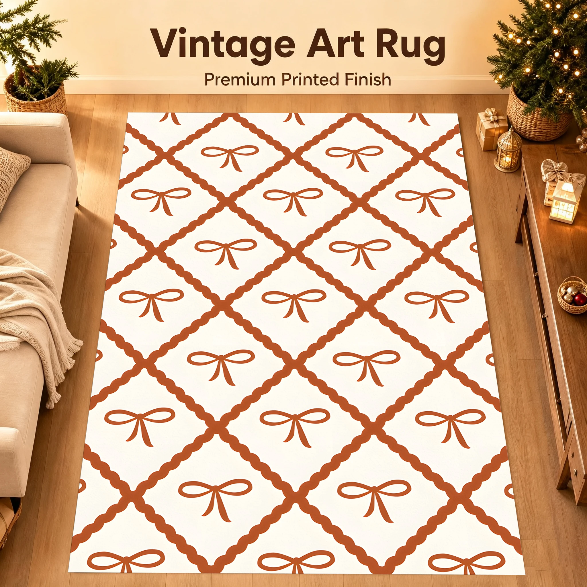 Velvet Rug Caramel Diamond Pattern Bow Print Sweet Retro Style for Entryway Bedroom Living Room Home Decor