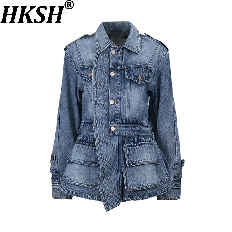 

HKSH Spring Autumn New Women's Denim Jacket Distressed Retro SIngle Breasted Ruffle Turn-Down Collar Streetwear Y2K Coat HK14987