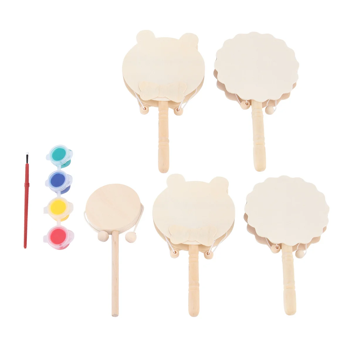 7 Stuks Houten Rammelaar Drum Onvoltooide Diy Schilderen Creatieve Kid Handheld Schudden Pellet Drum Baby Gift Cognitieve Hand Eye Tool