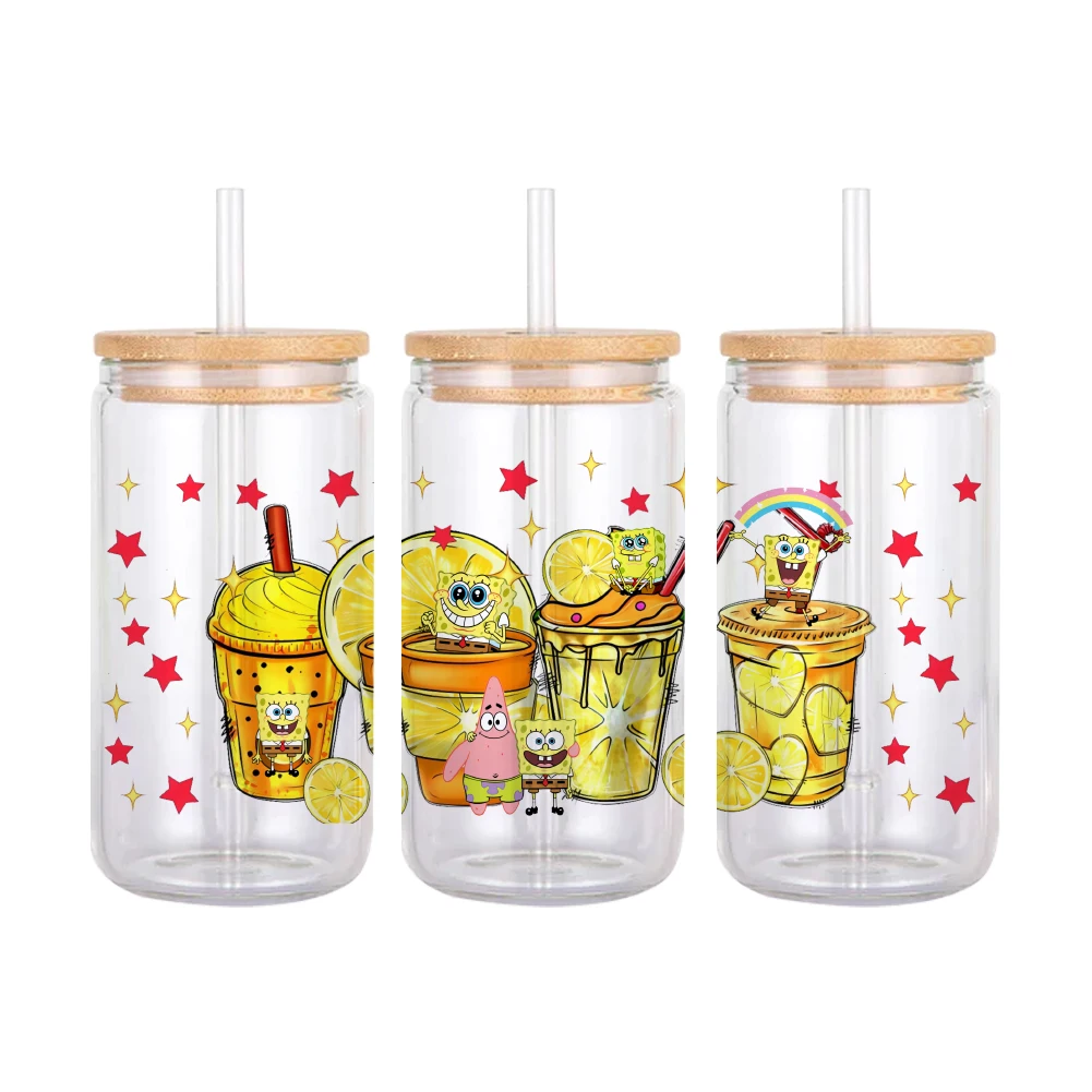 W Cartoon SpongeBob Pattern UV DTF Transfer Sticker Waterproof Transfers Decals For 16oz Glass Cup Wrap Stickers