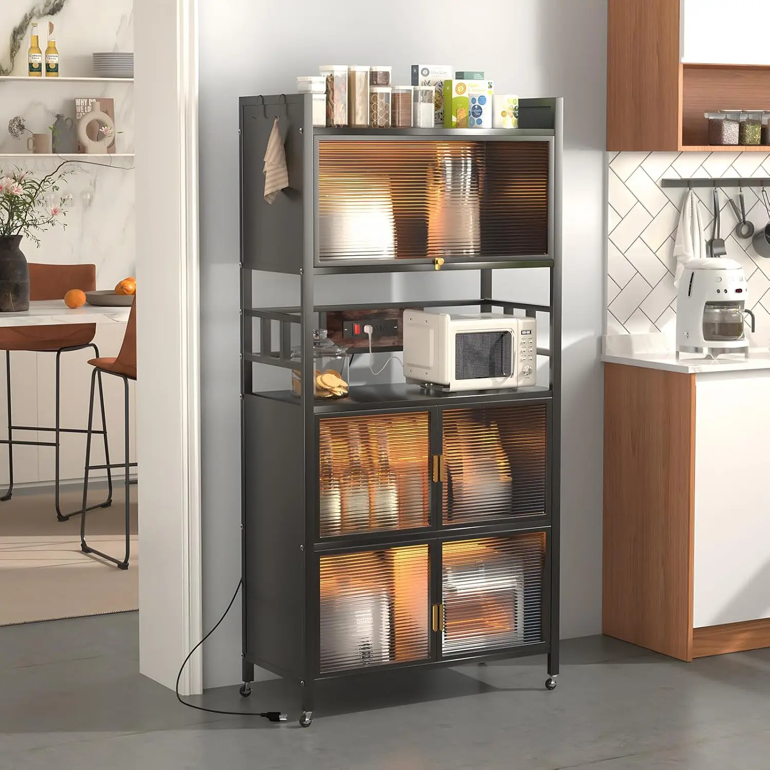 

5-Tier Bakers Ra With Power Outlet, Microwave Stand, Bread Ra,Coffee Stand, Baker'S Ra With Rolling Wheels And 4 Hooks, Kitchen