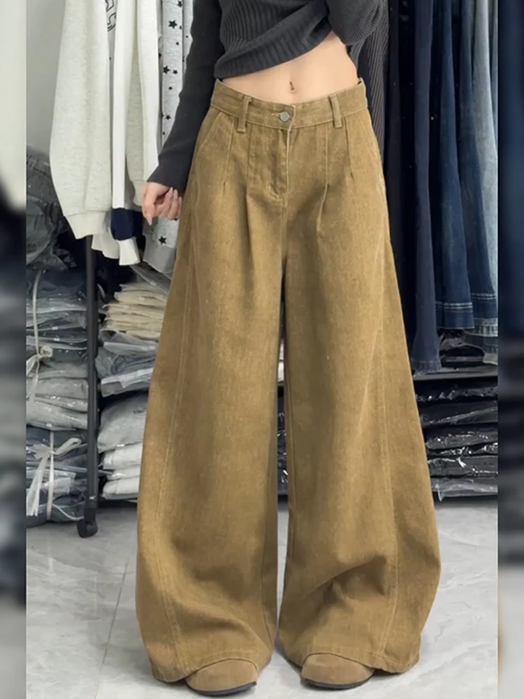 Washed American Style Women's Jeans Distressed Split Design Slimming Long Pants High Waist Pure Color Outdoor Winter Fashion
