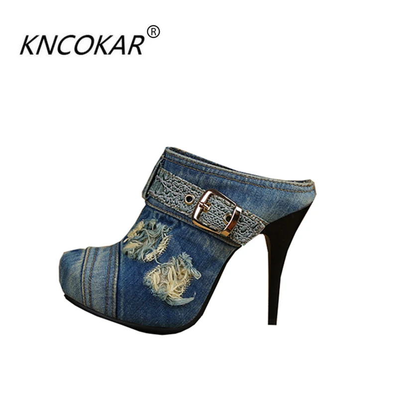 

Sexy and fashionable nightclub with fine with high quality spring and summer in baotou denim fashion sandals, slippers