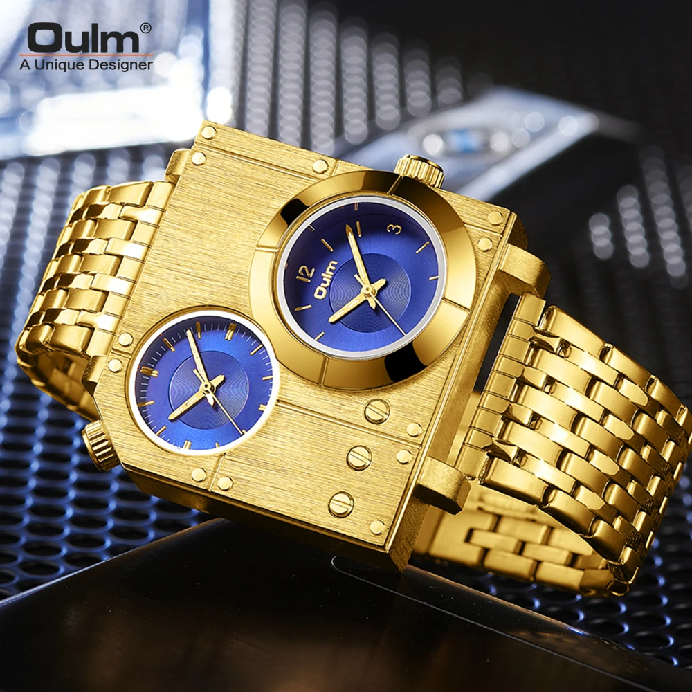 Oulm 5024 Golden Top Brand Luxury Men\'s Watches Stainless Steel Quartz Clock Two Time Zone Unique Male Watch Relogio Masculino