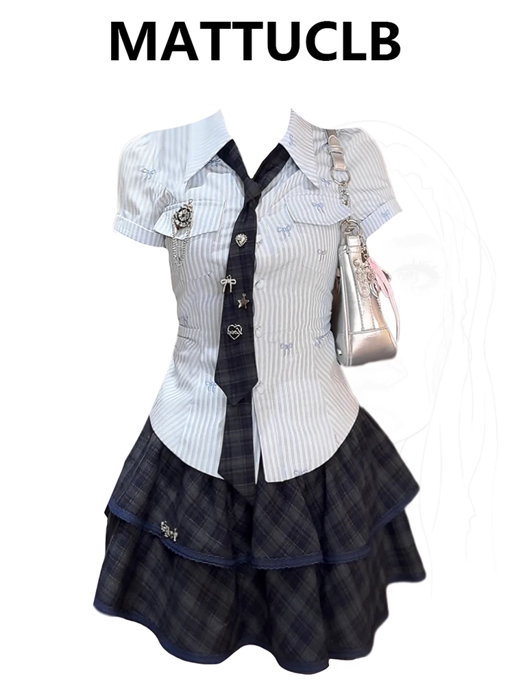 Summer Women Y2k Kpop Preppy Coquette Idols JK Fashion 2000s Outfits 2 Piece Set Short Sleeve Striped Shirt+ Mini Plaid Skirt
