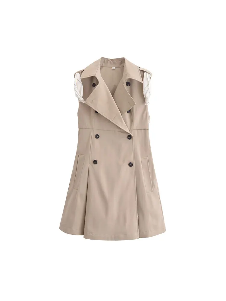 Frauen Mode Mit Schal Doubler Breasted Mini Kleid Revers Kragen Ärmellose Weibliche Kleider Vestidos Mujer