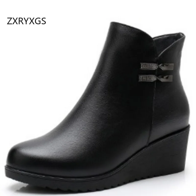 

ZXRYXGS 2025 New Premium Smooth Cowhide and Matte Cowhide Autumn Winter Boots Temperament Elegant Wedges Boots Women Snow Boots