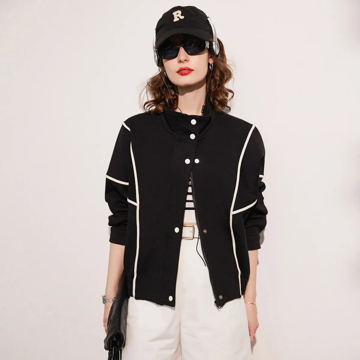 LOUISYAO Color Block Coat Women 2026 Winter Stylish Casual Minimalist Stand Collar Long Sleeve Outerwear Cardigan Hot Sale