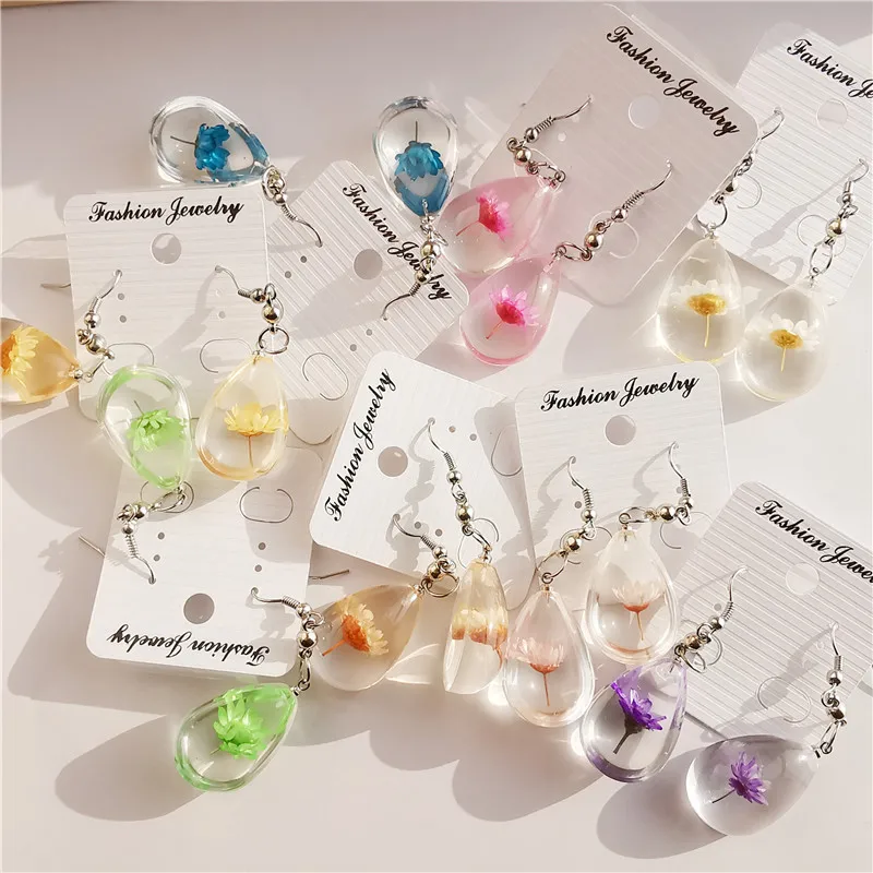 Water Drop Preserved Fresh Flower Earring Daisy Hibiscus Dried Flower Glass Pendant Hook Drop Dangle Earring