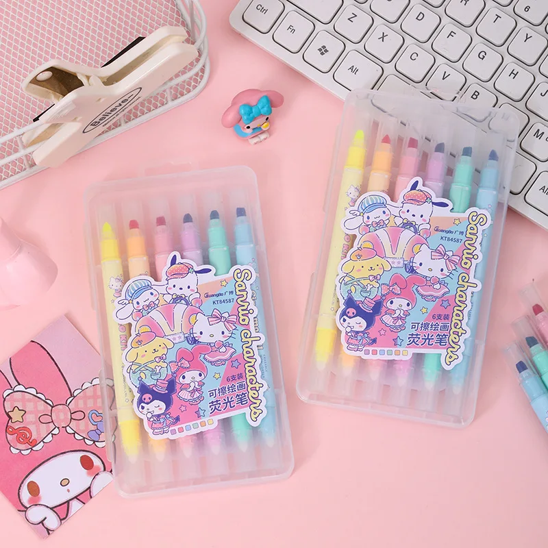 Sanrio Erasable Highlighter Pen 6/12Pcs Cute Cartoon Hello Kitty Marking Stationery Kuromi My Melody Office Supplies Box Gifts