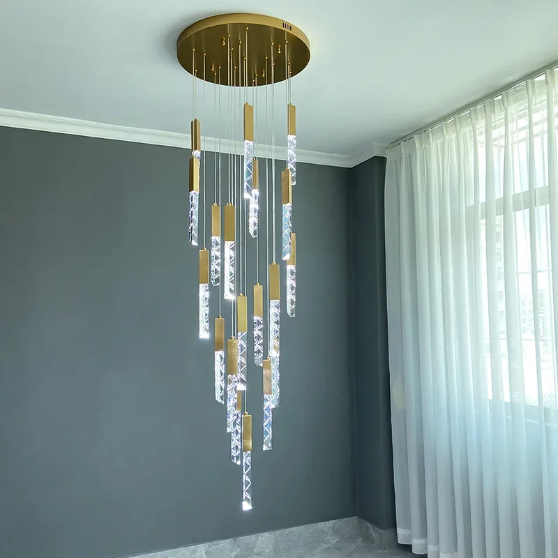 modern loft led lustre cristal dourado duplex escadaria sala de estar hotel pendurado luz luxo pendant lamp k9 01