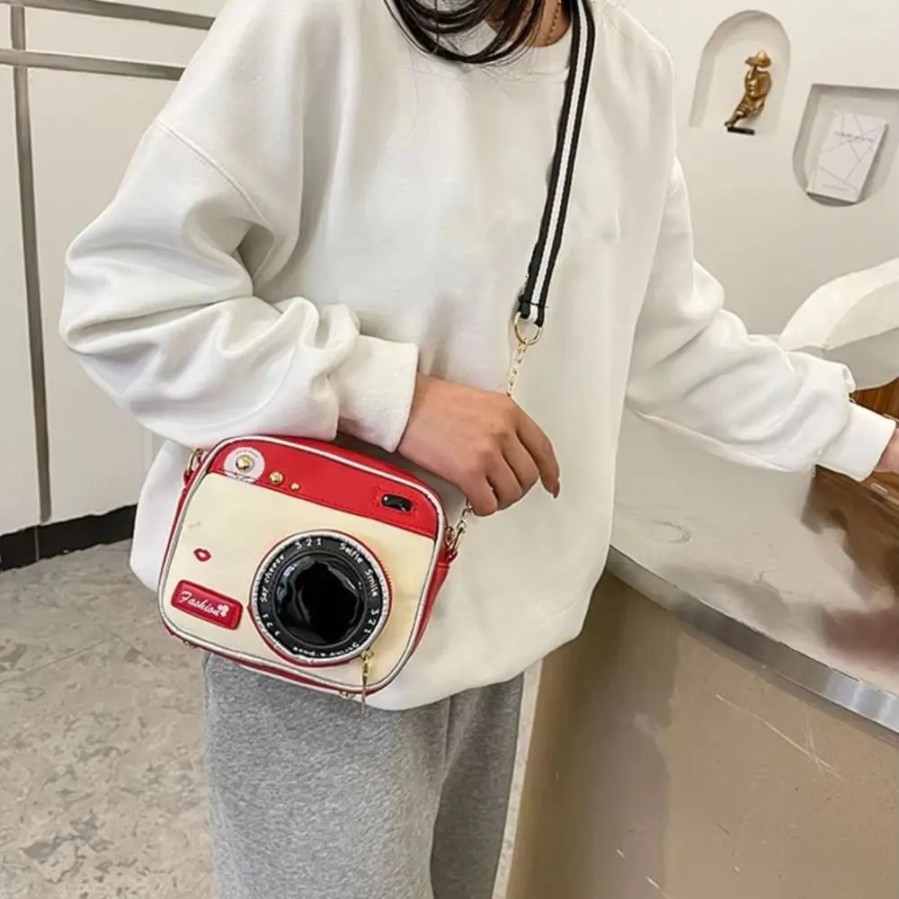 

French PU Camera Shoulder Bag Metal Chain Small Bag Funny Box Bag Shoulder Bag Large Capacity PU Messenger Bag Women