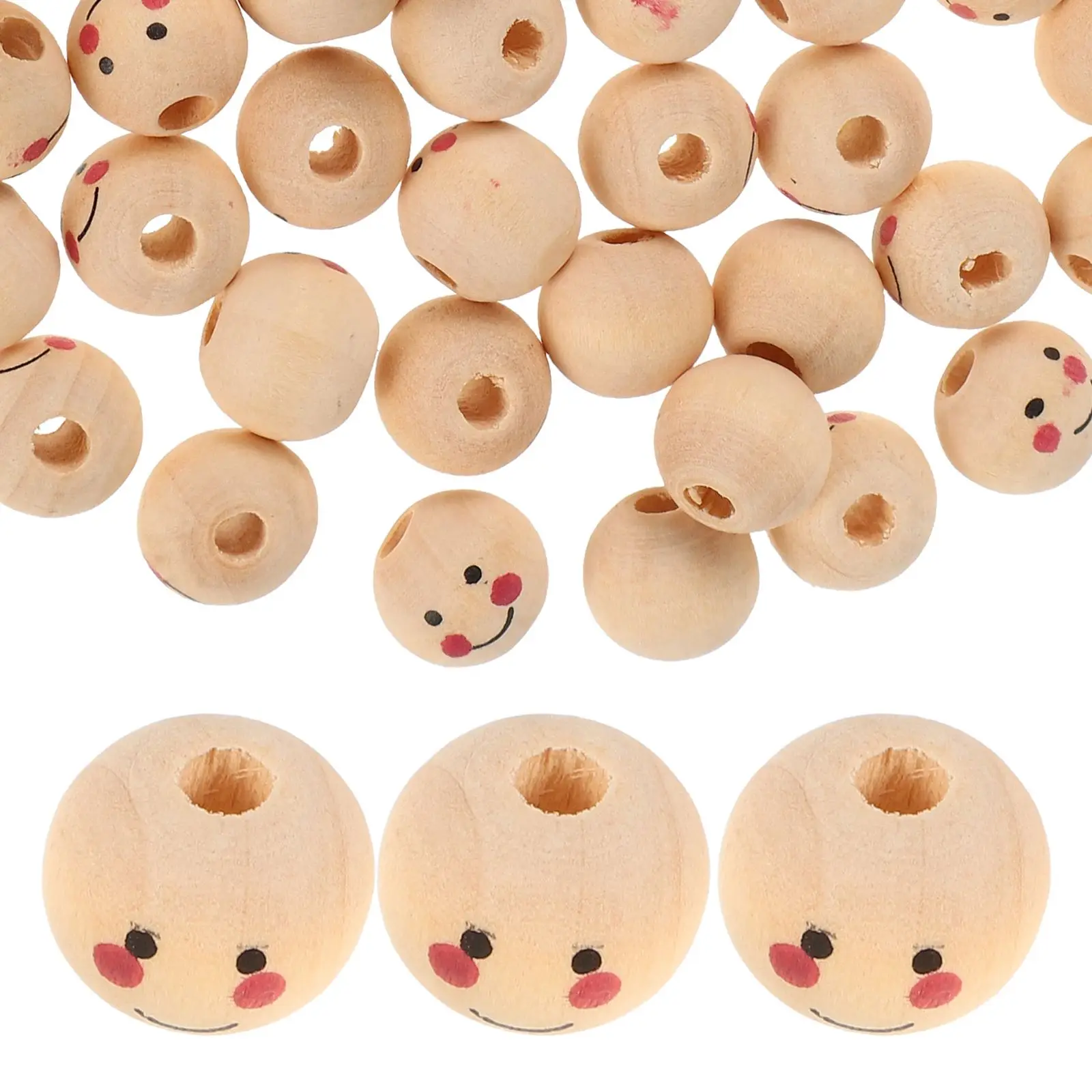 100 Pcs Round Smile Beads Pieces Natural Wooden12mm Decor Chiristmas Tree Garland Craft Smiling Face Loose For Bracelets NEW