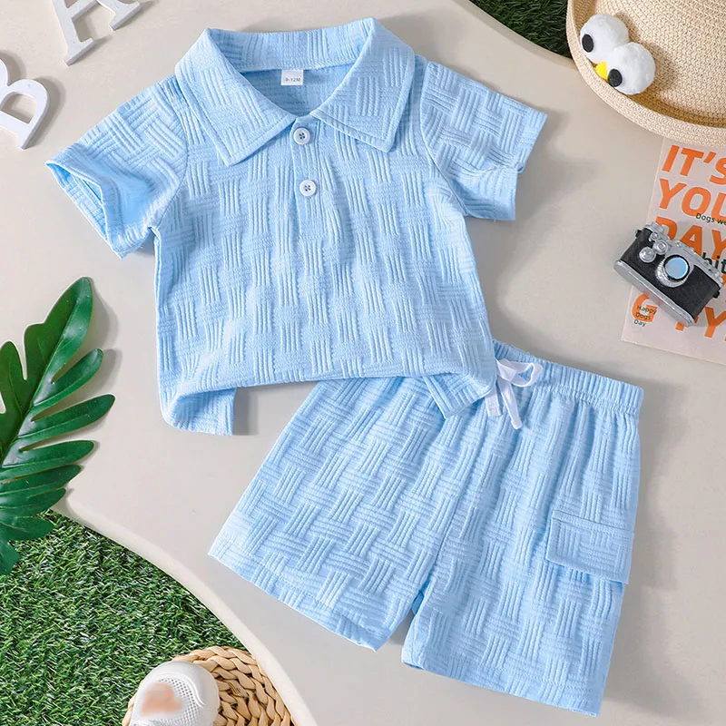 

2Piece 2025 Summer Clothes Boys Outfit Set Korean Fashion Casual Short Sleeve Blue Baby Tops+Shorts Kids Boutique Clothing B209