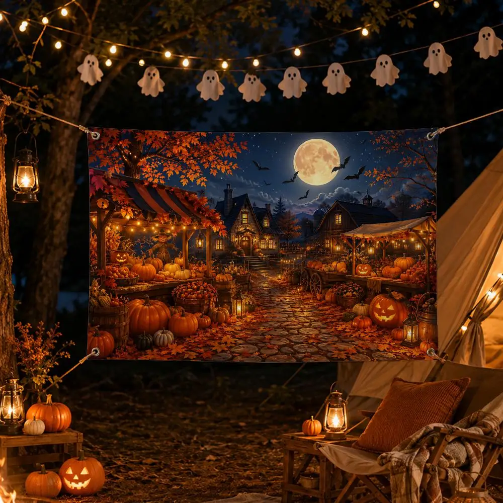 Vintage Halloween Village Flags Spooky Halloween Wall Hanging Banner Washable Fade‑Resistant Indoor Outdoor Party Decor
