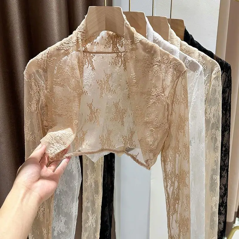 2025 Bolero de verano para mujer, chaqueta de capa nupcial de encaje de manga larga, chal elegante para playa, cárdigan nupcial, blusa frontal abierta