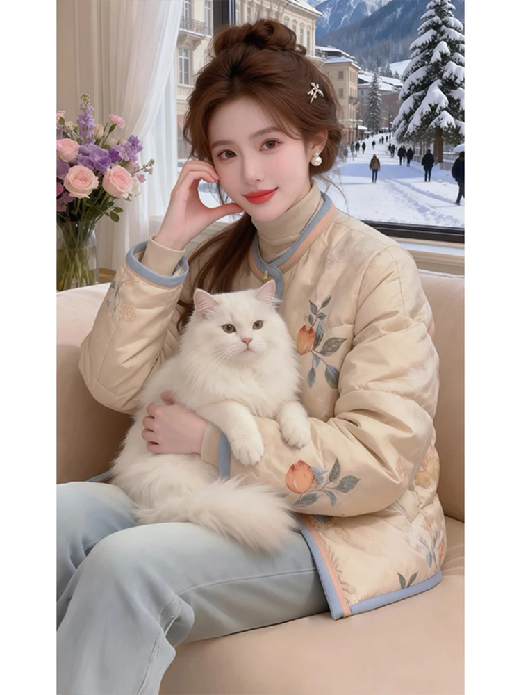 

Новая китайская утепленная хлопковая куртка с жемчужной отделкой для женщин, зимнее повседневное пальто премиум-класса с хлопковым наполнителем