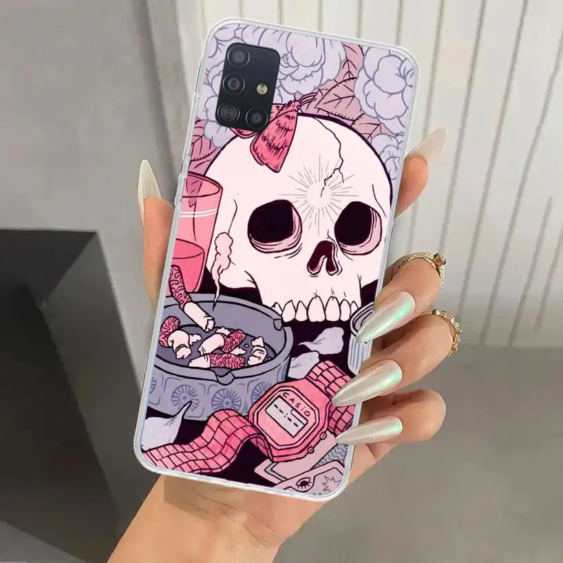 Pink Cat Skull Sorceress Witch Phone Case for Samsung Galaxy A51 A50 A71 A70 A41 A40 A31 A30S A21S A20S A10S A20E A11 A01 A6 A7