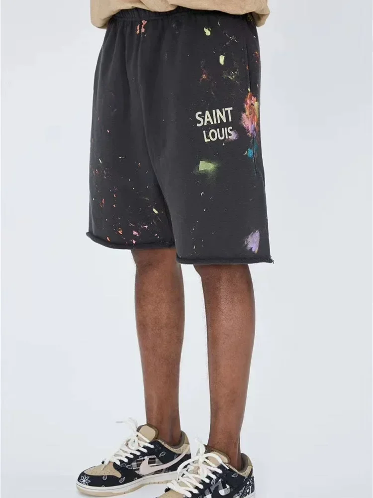 24SS Saint Louis Saint Summer Men Splash-ink Graffiti Tide Casual Do Dirty Cotton Flower Gray Shorts Sweatpants