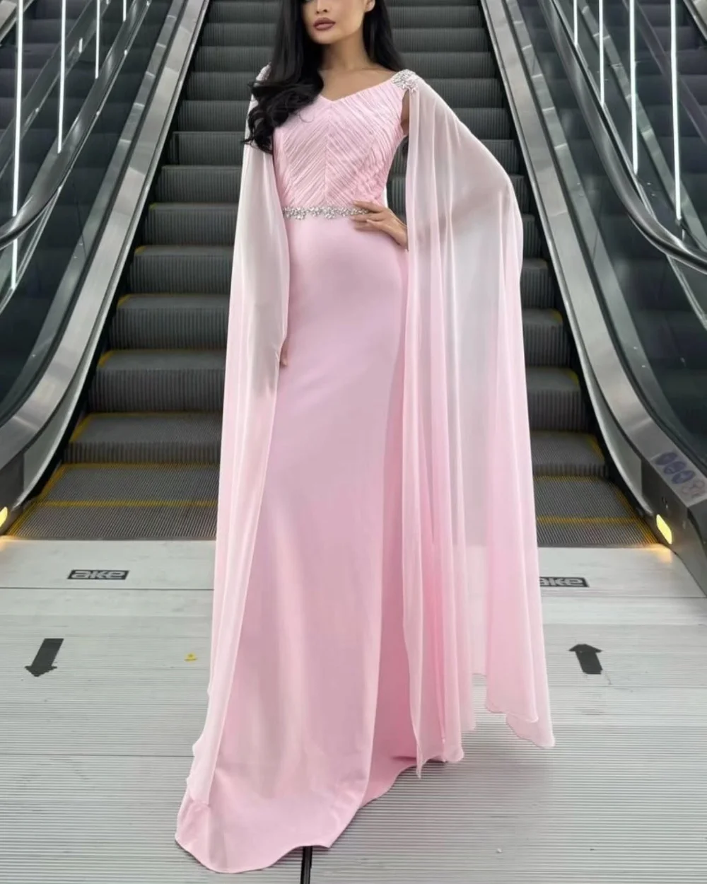 

Customized Fashion Casual Jersey Pleat Rhinestone Draped Mermaid V-neck Long Dresses Evening Dresses Sizes Available Exquisite