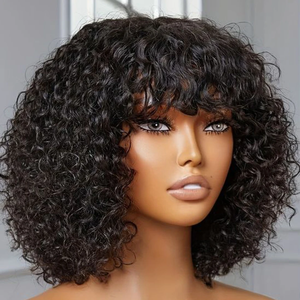 Caution Curly Short Bob Perruques de cheveux humains avec frange, Wear To Go, Perruque sans colle, Highlight Honey Water Wave, Perruque colorée blonde pour femme