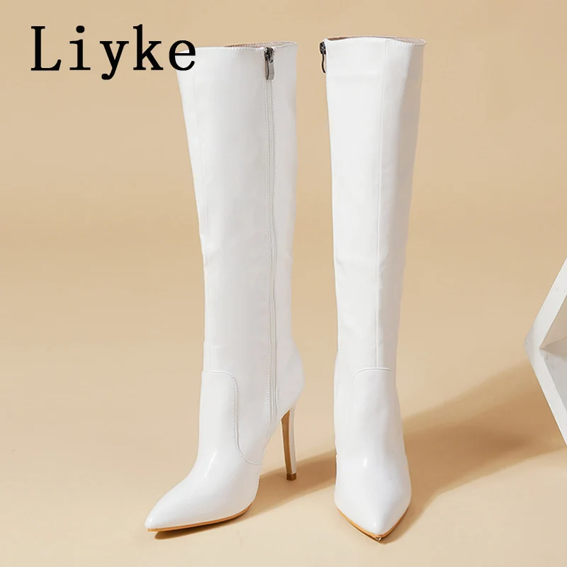 Liyke 2024 Sexy Pointed Toe Pole Dance Stiletto Heels Knee High Boots Fashion Zip Black White Women Long Shoes Botas Altas Mujer