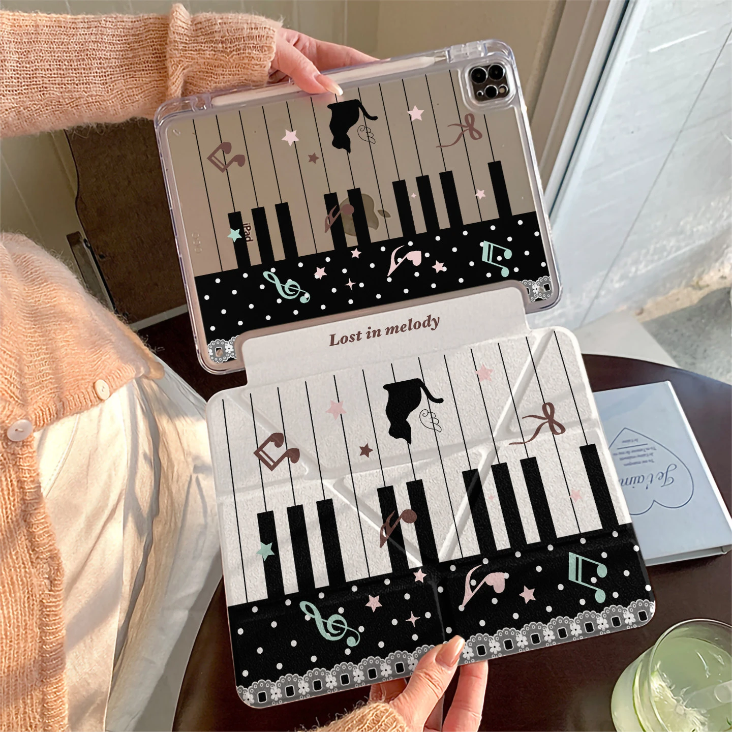Black Piano Note Polka Dot Y2K Y-Fold Tablet Case For iPad Pro 11 12.9 13 A16 M2 M4 M3 M5 5/6/7/8/9/10/11th Mini Air 3 4 5 Cover