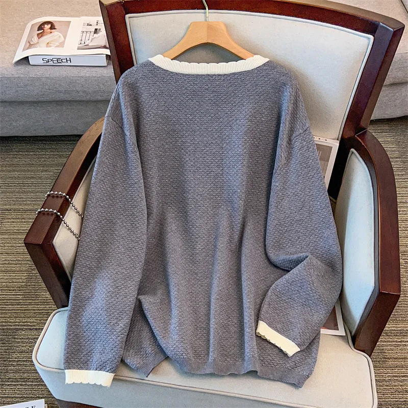 170 kg Übergröße Damen Büste 160 Herbst Winter Lose langärmelige kontrastierende Strickjacke gestrickt 4XL 5XL 6XL 7XL 8XL 9XL