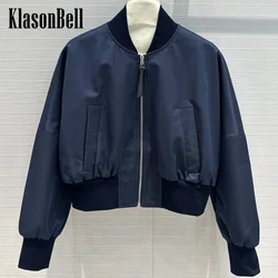 9.7 KlasonBell Women Clothes Fashion Baseball Jacket Black Letter Brand Ribbed Stand Collar Spliced Zipper Short Outerwear