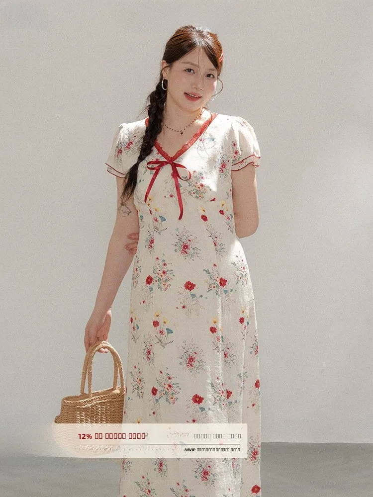 

Новинка: Женское летнее платье больших размеров с цветочным принтом, кружевной отделкой, приталенное, с V-образным вырезом, в корейском стиле