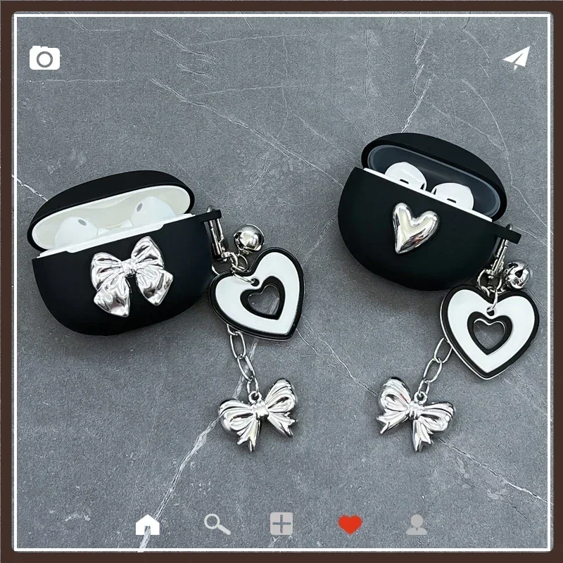 Cute Love Chain Case For xiaomi Buds 5 Case Earphone Silicone Cover Luxury Plating Bow Keychain Case Redmi Buds 5 Pro