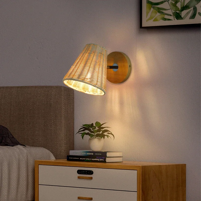 

Rattan Bedside Wall Lamps Nordic Retro Home Decor Modern Minimalist Hand-Woven Bedroom Living Room Wall Light Rotatable Lighting