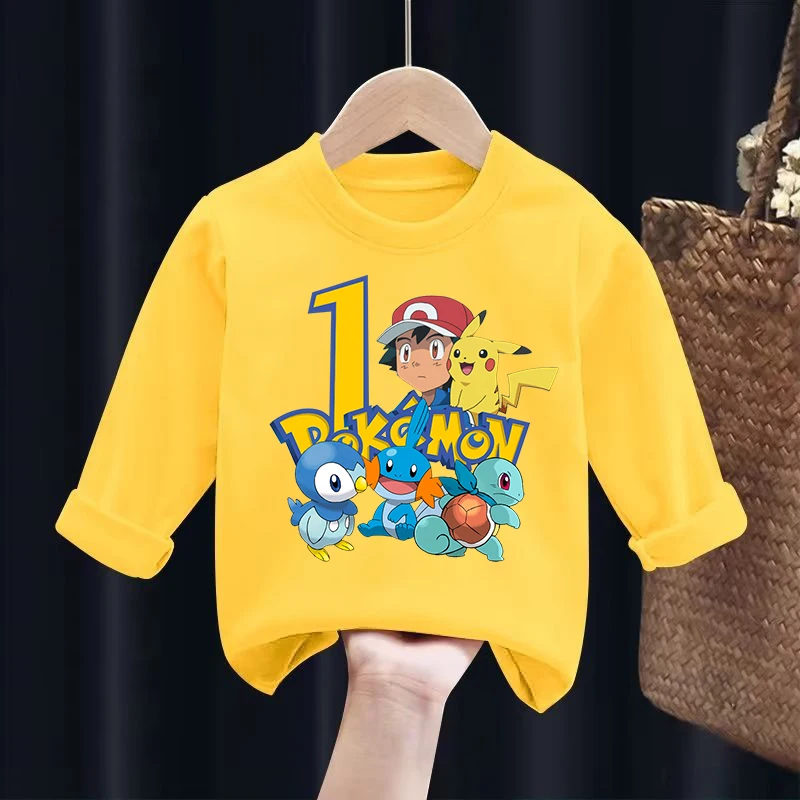 Pokemon Pikachu Children Boys Girls Long Sleeve T-shirt Cartoon Anime Cute Happy Birthday Printed Sweatshirt Clothing Kids Gifts