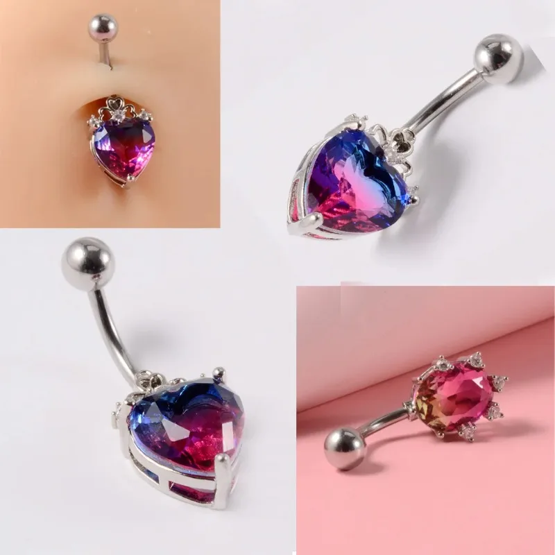 1 Pcs  Love Navel Nail Heart-shaped Rainbow Blue Red Oval Orange Green Zircon Navel Ring