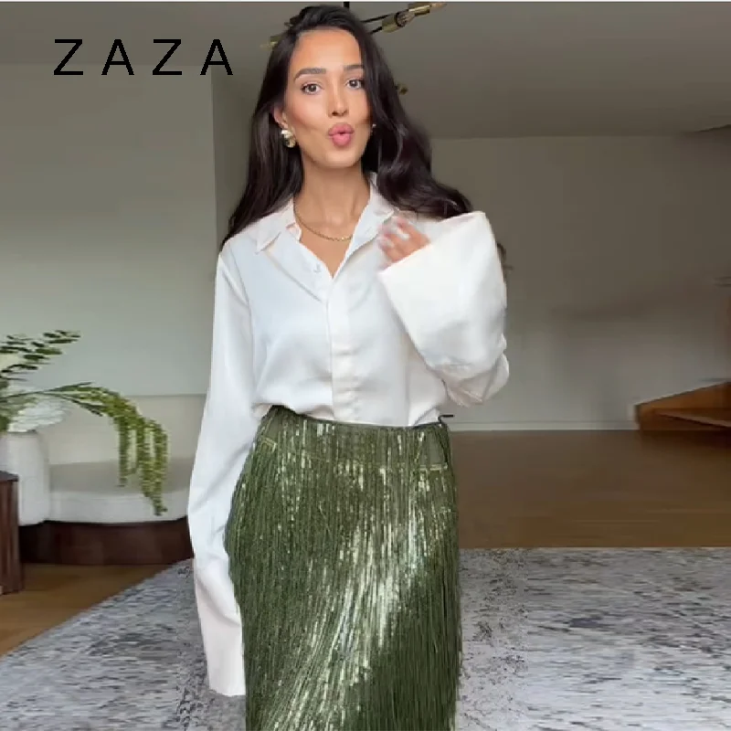 Zaza Chic fiesta vacaciones falda con borlas verdes para mujer paquete de cintura baja faldas de hierba de imitación a la cadera 2025 nueva señora prendas de vestir de calle