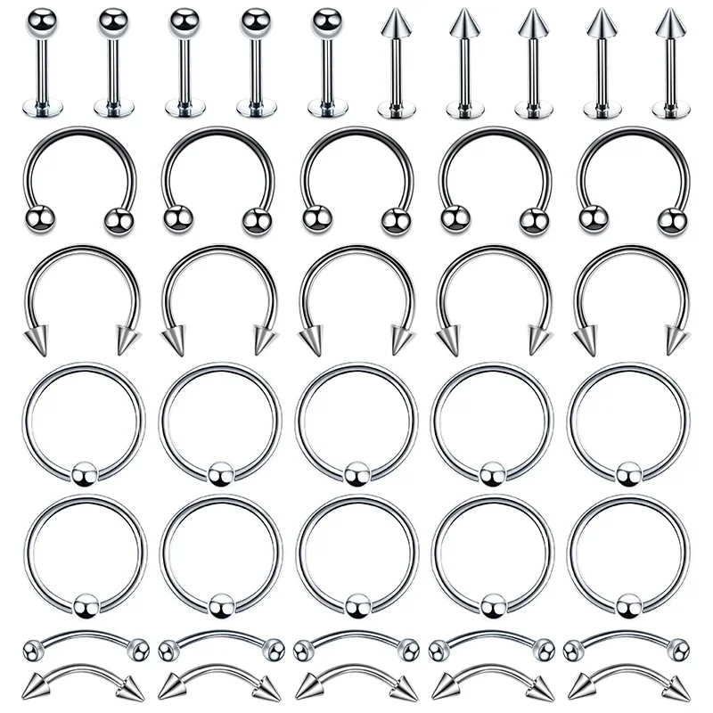 40Pcs Surgical Steel Body Piercing Jewelry Lot Bulk Nose Ring Tongue Bar Lot Eyebrow Labret Piercing Set Horseshoe Ring Lot Pack