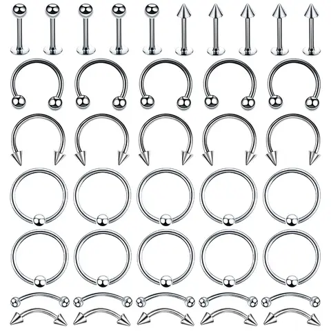 40Pcs 외과 강철 바디 피어싱 쥬얼리 로트 대량 코 링 혀 바 로트 눈썹 Labret 피어싱 세트 말굽 반지 로트 팩