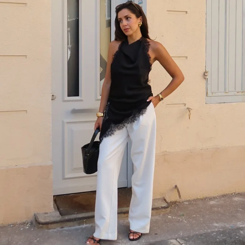 Tuularose Black Lace Vest Fashion Sexy Sleeveless Neck Backless Lace Patchwork Top High Street Party Looks Women's Lace Tank Top