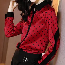 Office Lady Polo-Neck Vintage Polka Dot Shirt Spring Commute Female Button Long Sleeve Spliced Blouse Stylish Women's Clothing