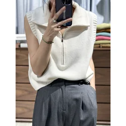 ATTYYWS maglione senza maniche lavorato a maglia da donna, corto, 100% lana, colletto ribaltabile, tendenza moda, gilet pullover da donna di vendita caldo