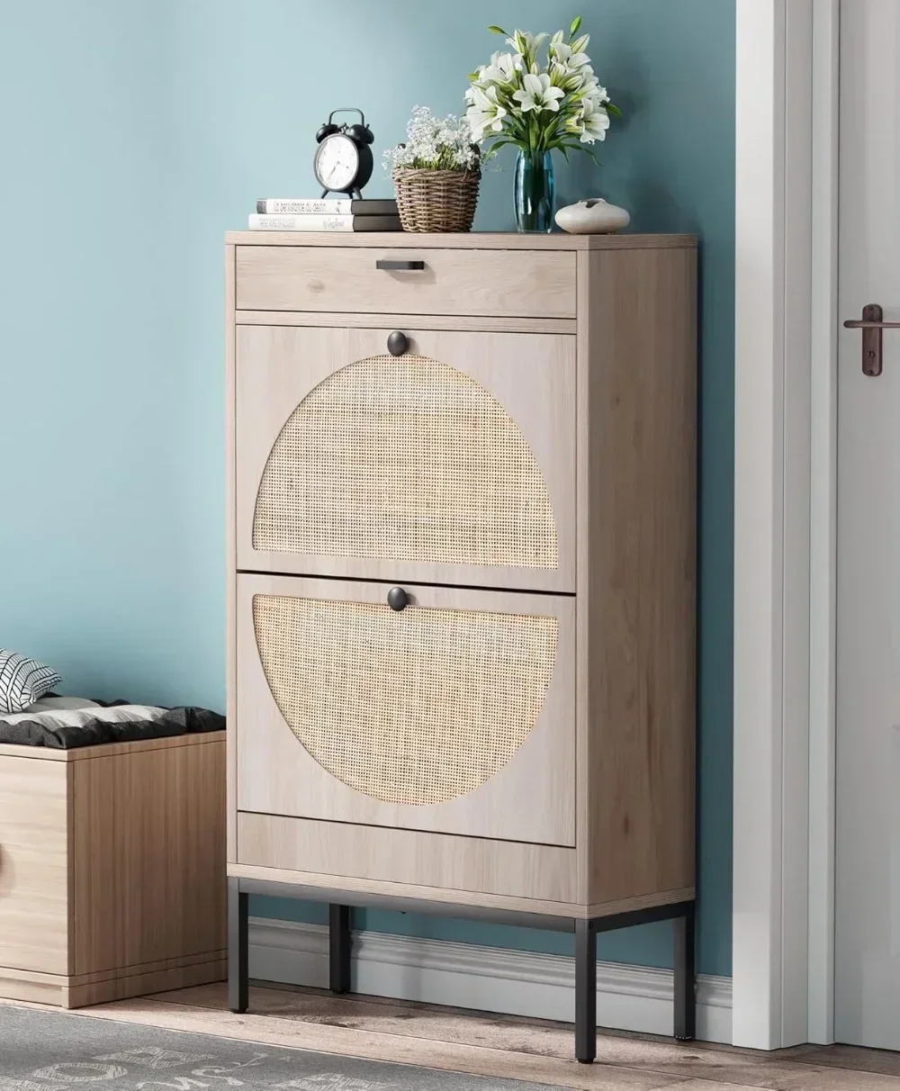 

Shoe Storage Cabinet with 2 Flip Drawers&1 Small Drawer, Slim Entryway Shoe Organizer with Half Round Woven Rattan Doors