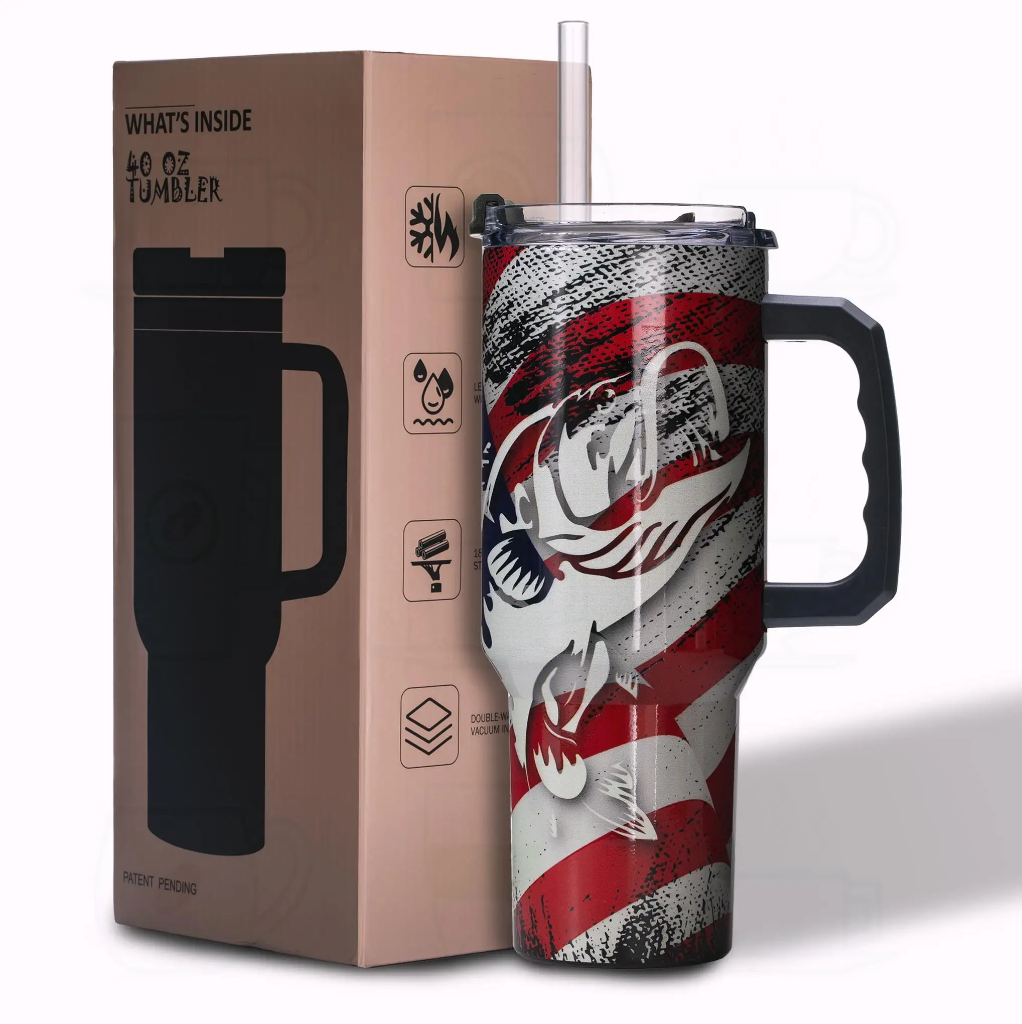 

40oz Stainless Steel Vacuum Tumbler – Patriotic Flag & Eagle Design, Leak-Resistant Lid, Hot & Cold Drinkware