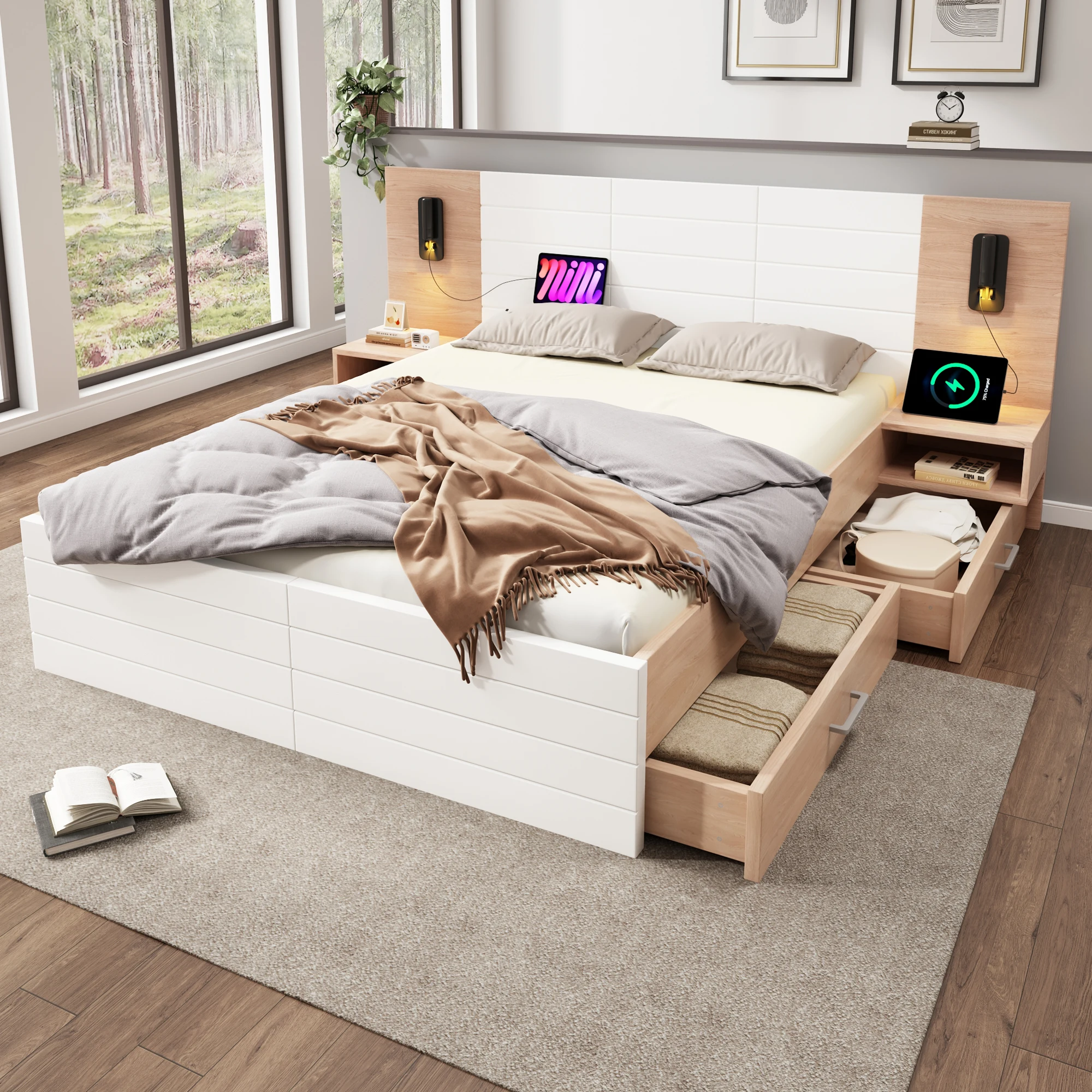 140x200cm wooden bed with 2 drawers USB light bedside tables modern design in oak/White without mattress