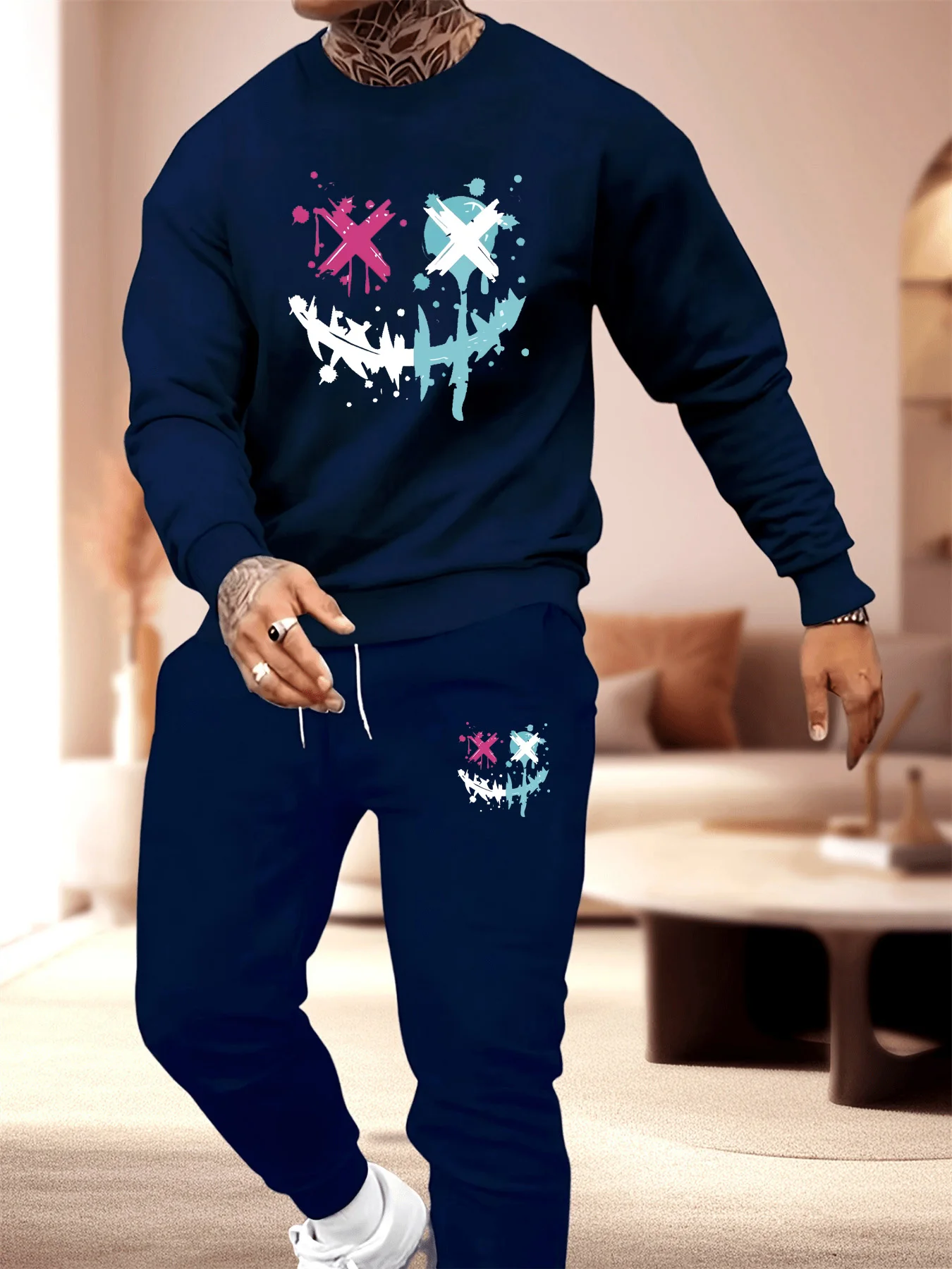 Autumn and winter 2-piece men's long sleeved round neck thick hoodie and sweatpants cropped pants, warm, loose and comfortable