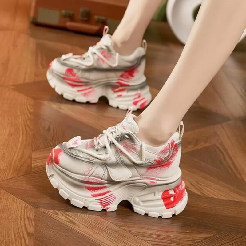 

9cm 2026 Spring Autumn Women Retro Chunky Sneakers Ladies Breathable Mesh Dad Shoes Make Old High Platform Vulcanized Sport Shoe