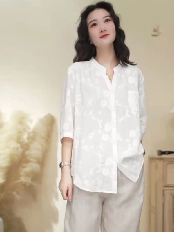 

Женская тонкая рубашка с художественной китайской вышивкой, большого размера, с одной пуговицей, V-образным вырезом, рукавом до локтя, повседневная, универсальная, открытая кофта-кардиган.